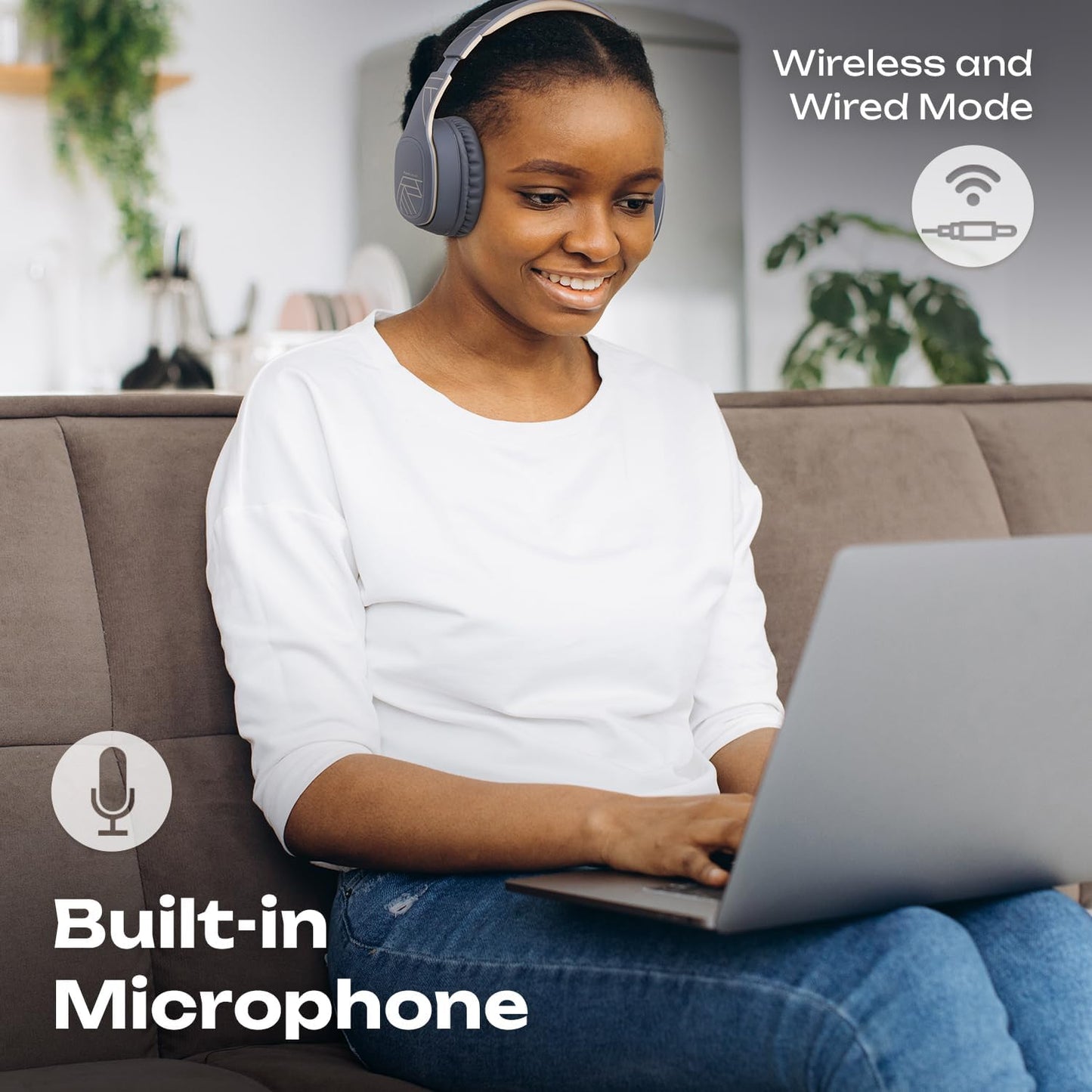 Wireless Headphones over Ear, Bluetooth Headphones over Ear, 50 Hours Playtime, Foldable Headphones with Built-In Microphone, Hi-Fi Stereo, Lightweight and Wired Mode for Phone Travel PC