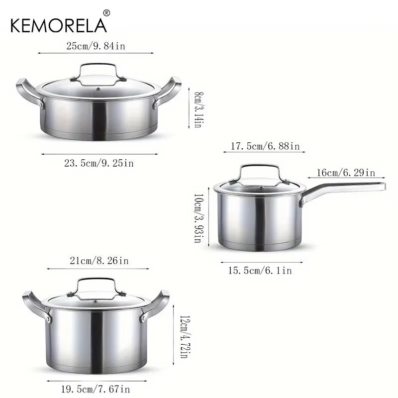 Stainless Steel Pot Set – Thickened Right-Angle Soup, Milk, Fry, and Steamer Pots (16/20/24cm)