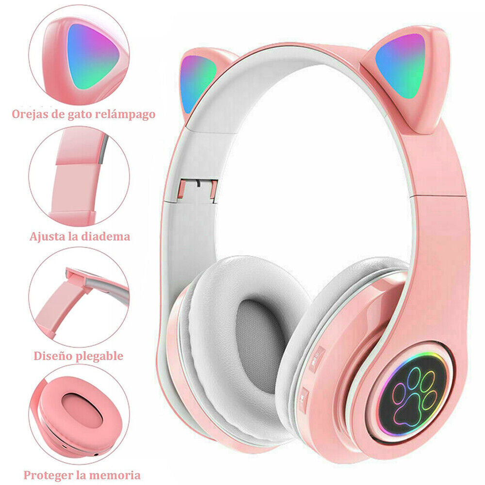 Wireless Cat Ear Headphones Bluetooth Headset Pink LED Lights Earphone for Kids