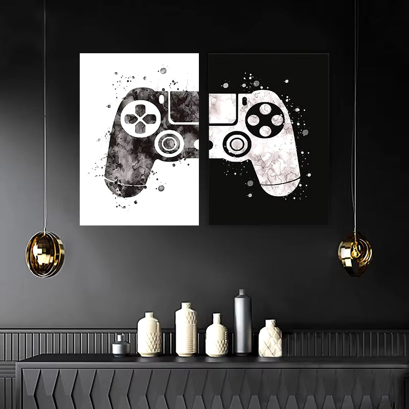 Black and White Video Game Poster Nordic Gamer Enthusiast Framed Canvas Painting Boys Room Wall Art Home Decor