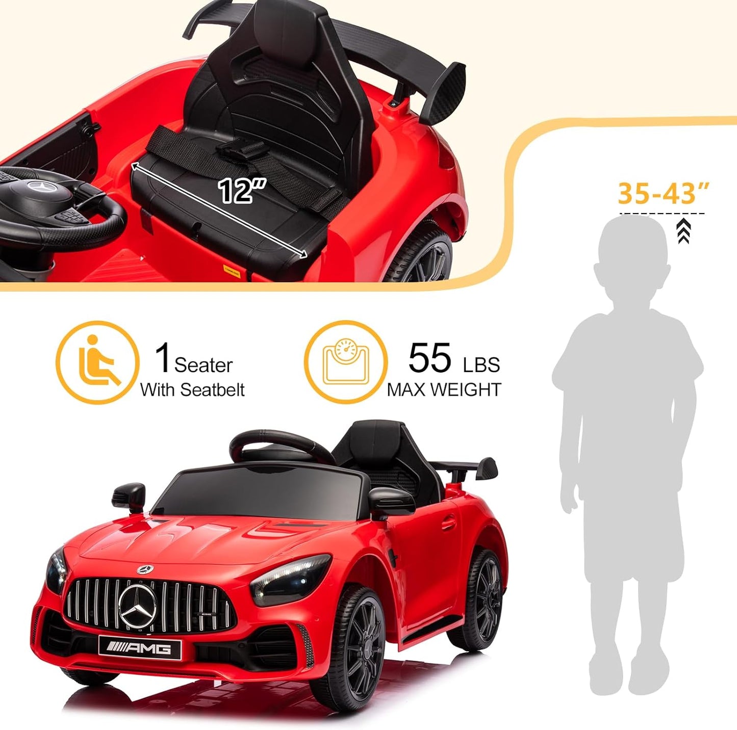 12V Ride on Car, Licensed Mercedes Benz AMG GTR with Parental Remote, 2 Motors Electric Car for Kids to Drive W/Wider Seat, LED Lights, Openable Doors, MP3, Smooth Start, 3 Speeds - Red