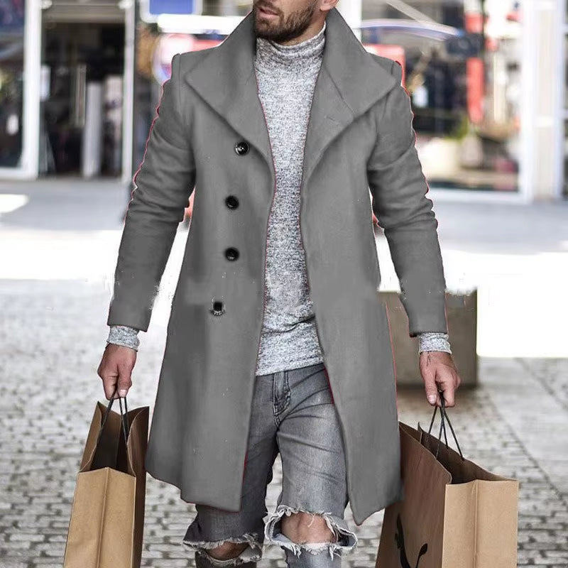 Hot Style 2022 Autumn Winter Woolen Coat Mid-Length Coat Woolen Lapel Single-Breasted Men's Clothing