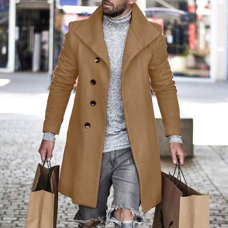 Hot Style 2022 Autumn Winter Woolen Coat Mid-Length Coat Woolen Lapel Single-Breasted Men's Clothing