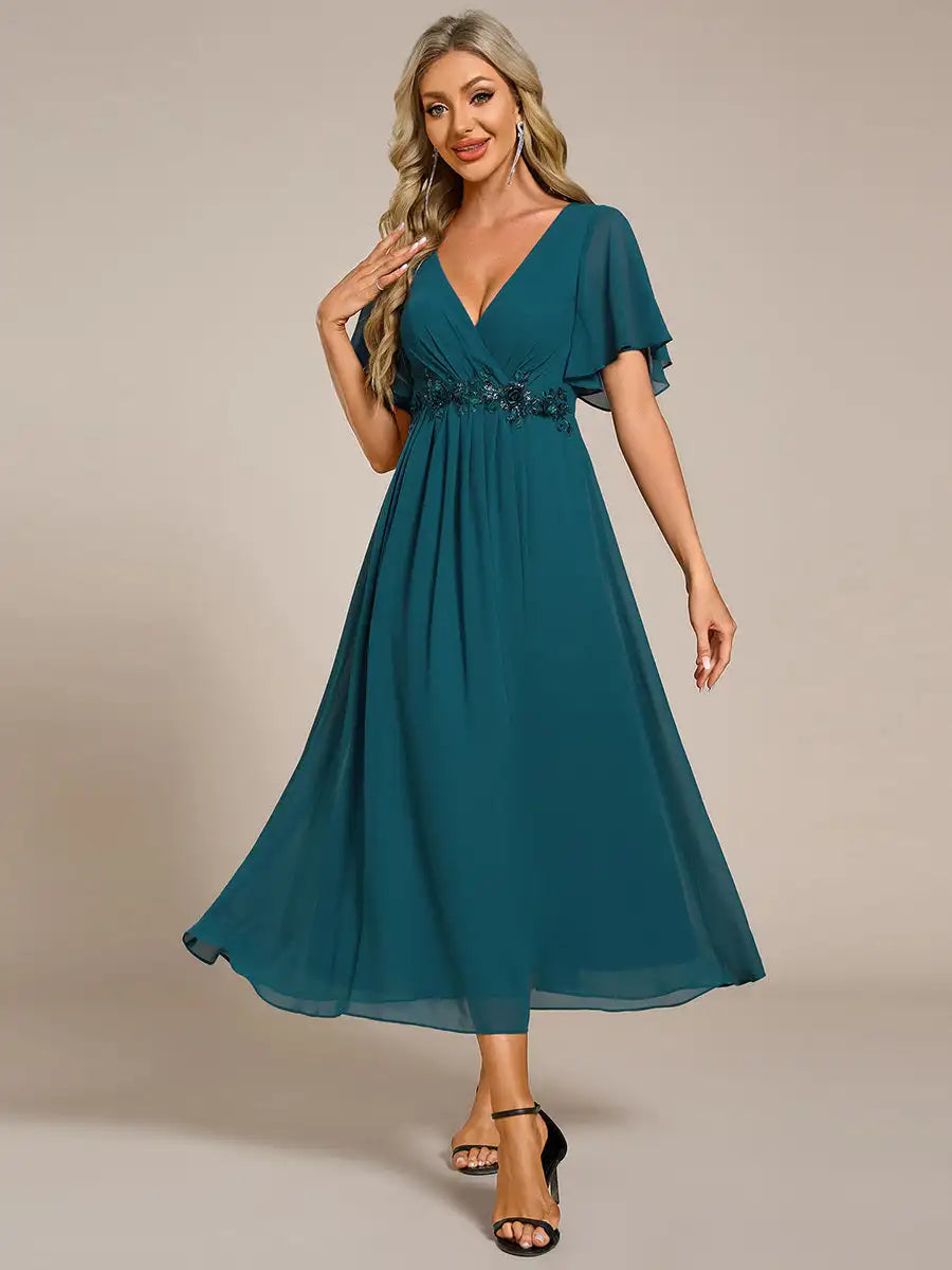 Mint Green Formal Evening Dress – Deep V-Neck Applique Ruffle Tea-Length Gown with Short Sleeves (Wedding Guest Dress, Corporate Event, Office Dress-Up)