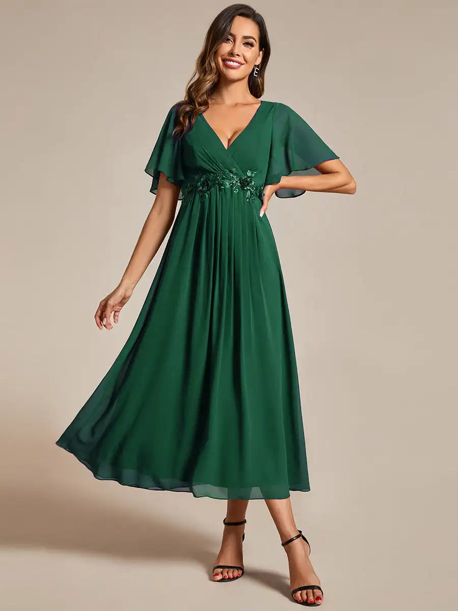 Mint Green Formal Evening Dress – Deep V-Neck Applique Ruffle Tea-Length Gown with Short Sleeves (Wedding Guest Dress, Corporate Event, Office Dress-Up)