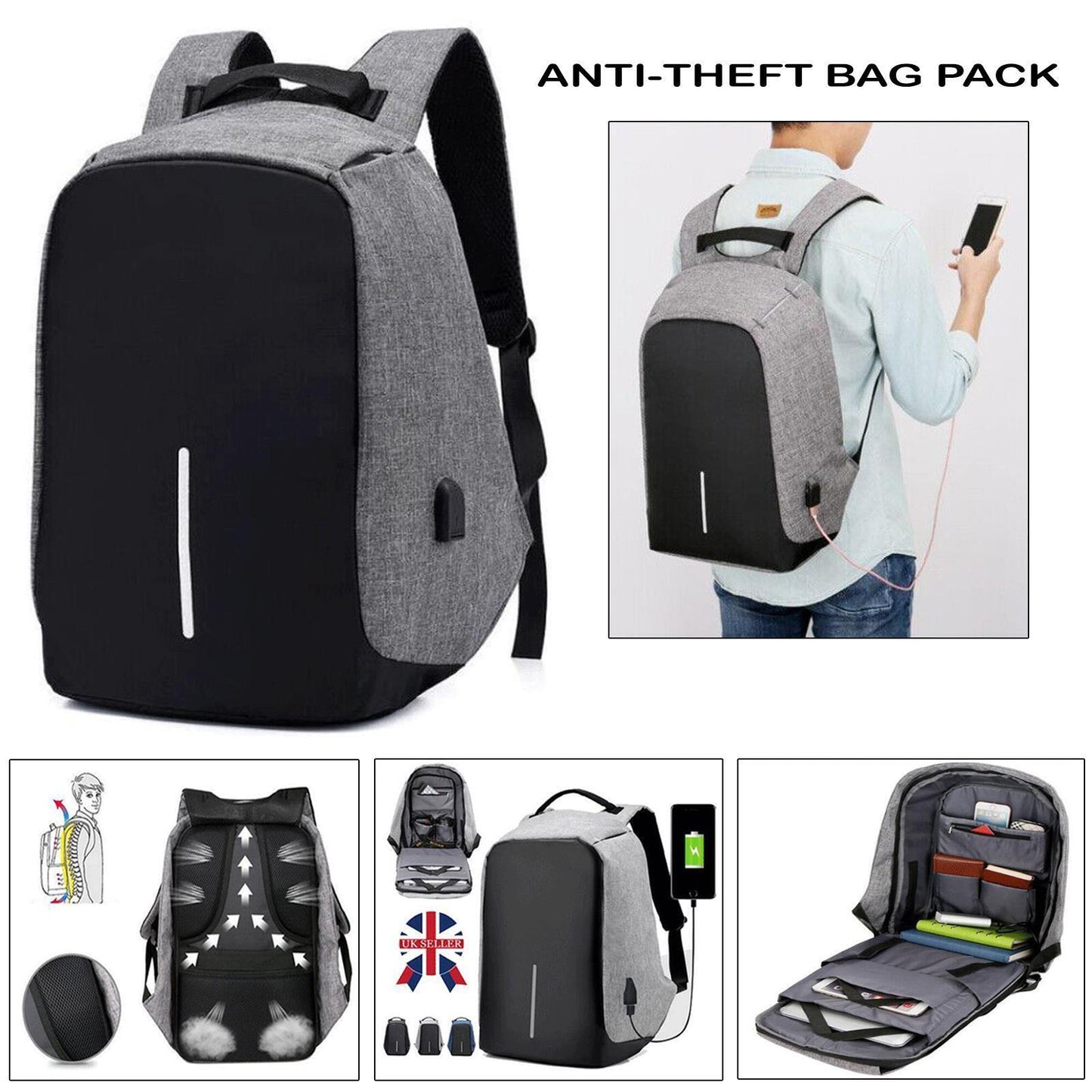 USB Charging Port Unisex Anti-Theft Backpack Laptop Travel Large School Bag