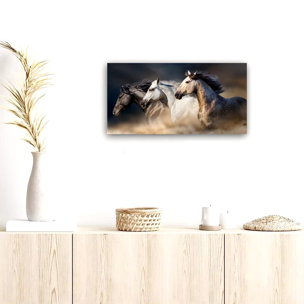 Running Horses Canvas Painting - Framed Animal Art Print for Living Room, Office & Home Decor