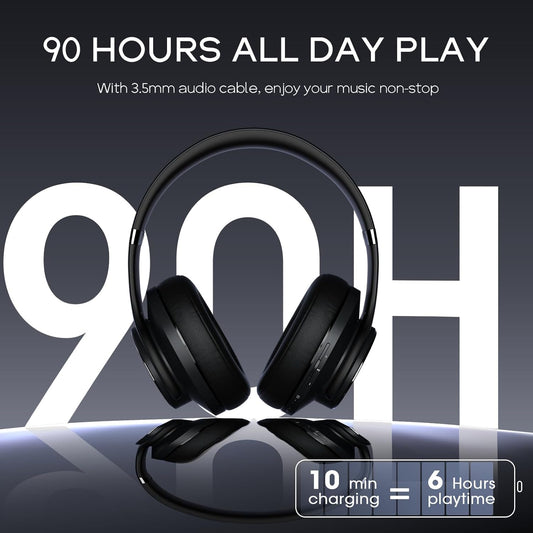 Bluetooth Headphones over Ear, 90H Playtime Bluetooth 5.3 Wireless Headphones with Mic, Foldable Lightweight Headphones Wireless with Hifi Stereo Sound, Deep Bass for Travel PC Cellphone(Black)
