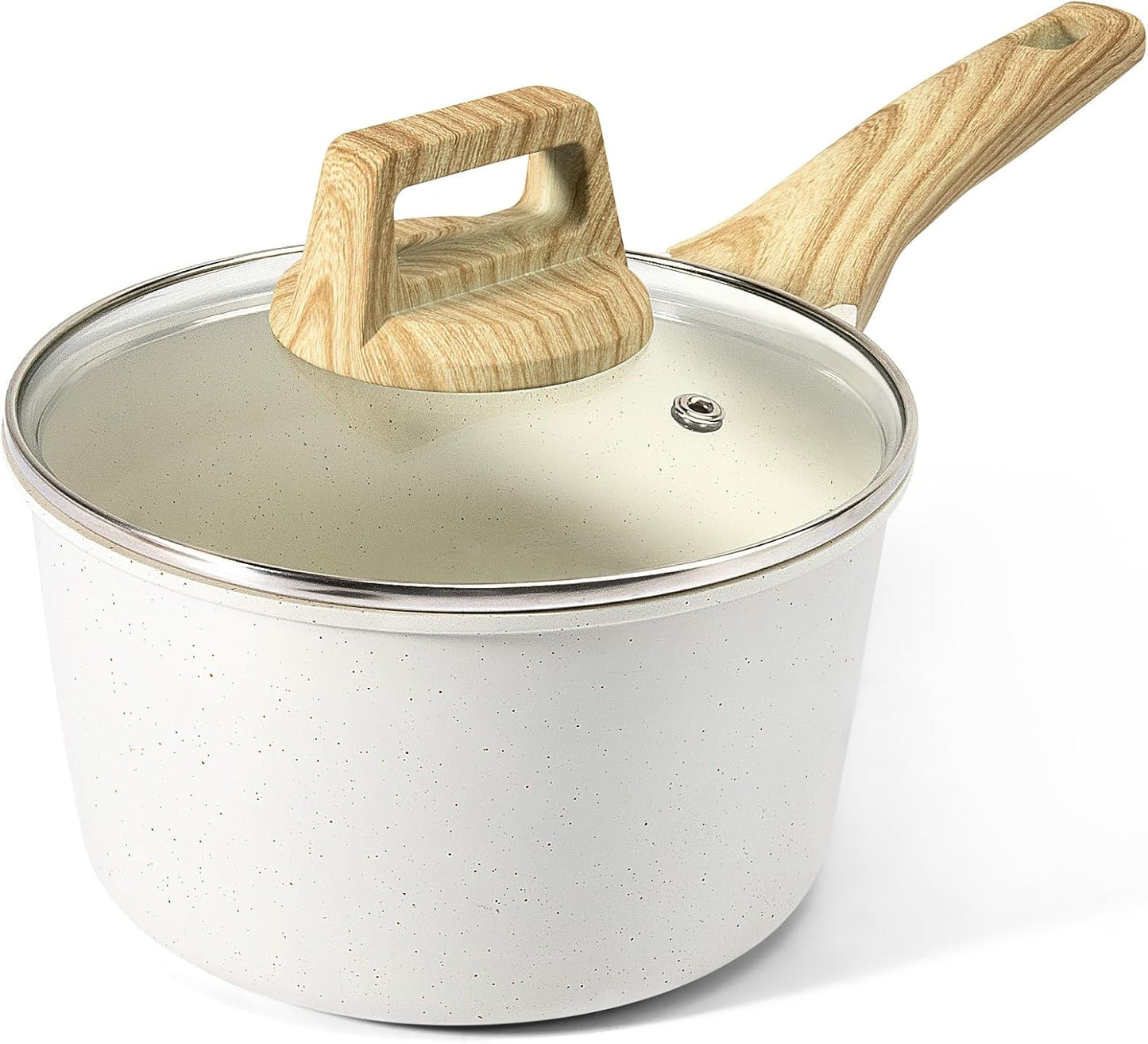 Nonstick Sauce Pan with Lid - 2.5L Small Sauce Pot Non Stick Cooking Pot with Stay-Cool Handle, Kitchen Pots Granite Saucepan Induction Compatible, PFOA Free(White, 18Cm)