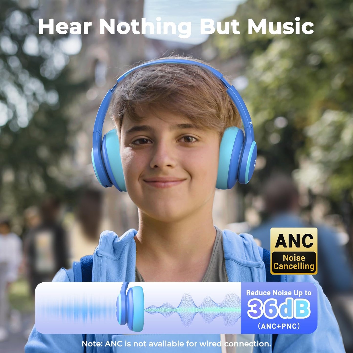 BTH26 Active Noise Cancelling Headphones for Kids, 60H Play Time, Safe Volume 80Dba, Type C Fast Charging, Bluetooth5.4, Kids Bluetooth Headphones with Mic AUX Cord for Ipad Airplane, Blue