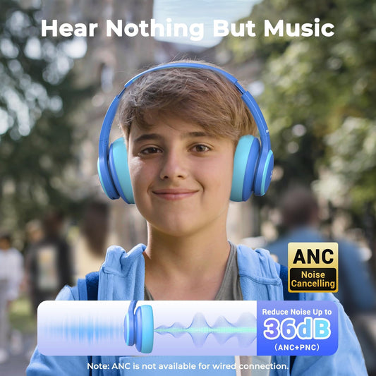 BTH26 Active Noise Cancelling Headphones for Kids, 60H Play Time, Safe Volume 80Dba, Type C Fast Charging, Bluetooth5.4, Kids Bluetooth Headphones with Mic AUX Cord for Ipad Airplane, Blue