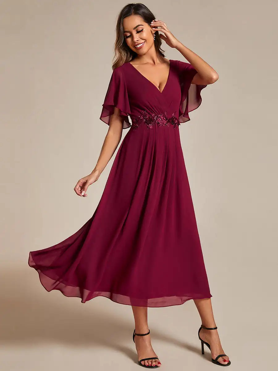 Mint Green Formal Evening Dress – Deep V-Neck Applique Ruffle Tea-Length Gown with Short Sleeves (Wedding Guest Dress, Corporate Event, Office Dress-Up)