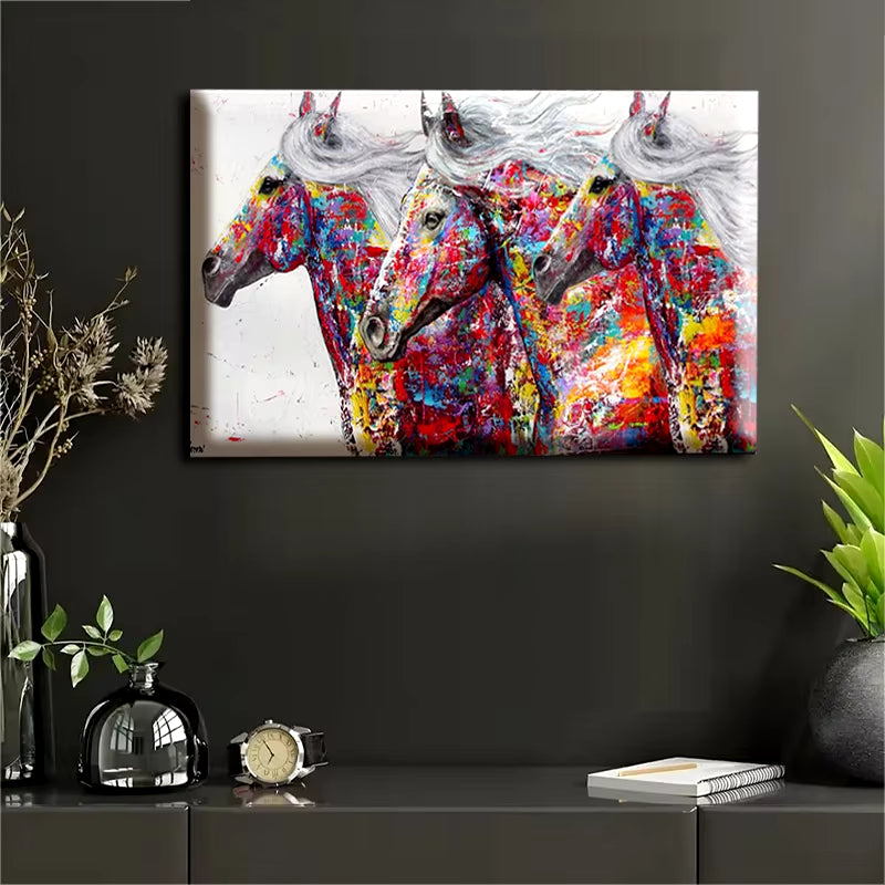 Modern Art Abstract Animal Horse Running Graffiti Art Colorful Wall Poster and Print for Living Room Home Decor Frame