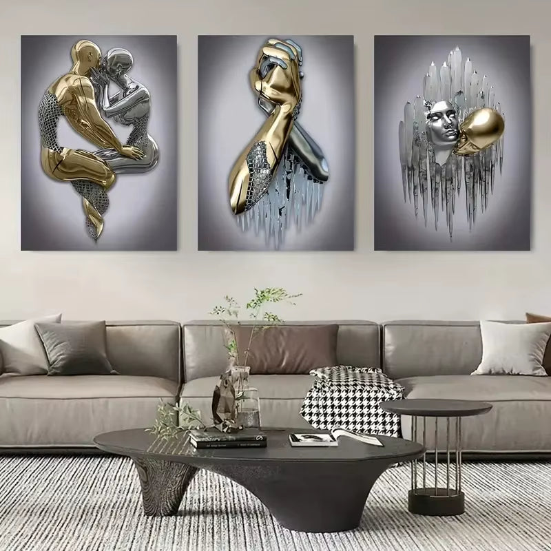 3Pcs Canvas Poster Metal Figure Statue Art Canvas Painting Decor Romantic Abstract Poster Modern Art Living Room Bedroom Decor