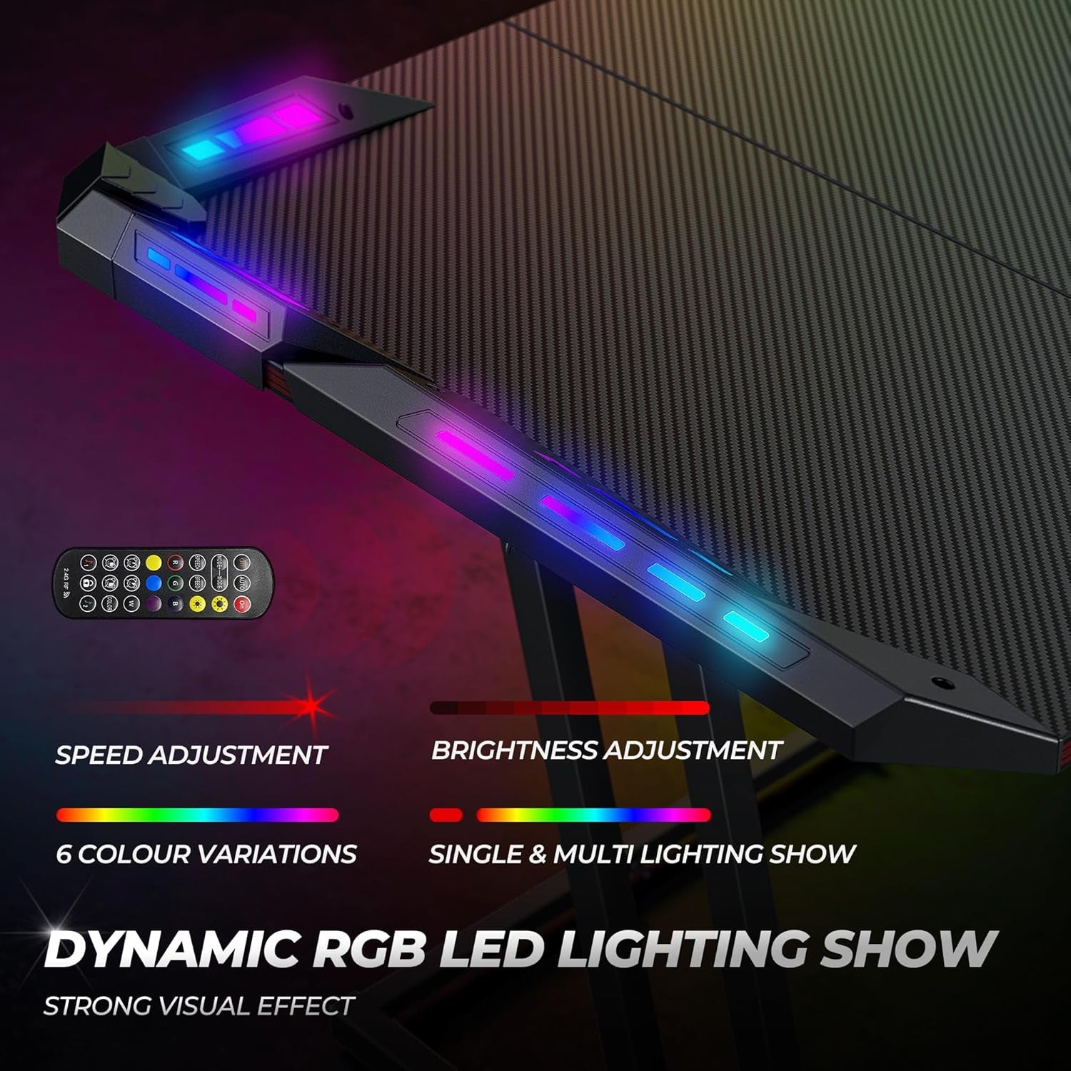 Gaming Desk with LED, 120 Cm Gamer Workstation, Home Computer with Carbon Fiber Surface, Black