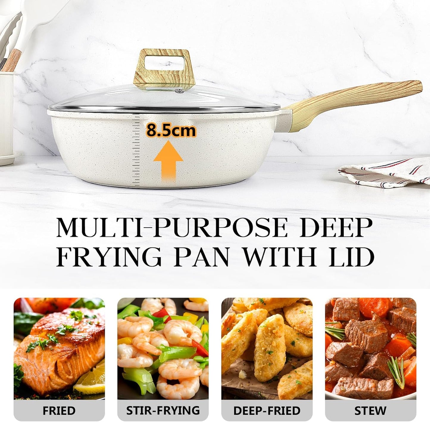 Nonstick Deep Frying Pan – 4.3L White Granite Sauté Pan with Lid, Pour Spout, Stay-Cool Handle, and Induction Compatibility (PFOA Free, 28cm)