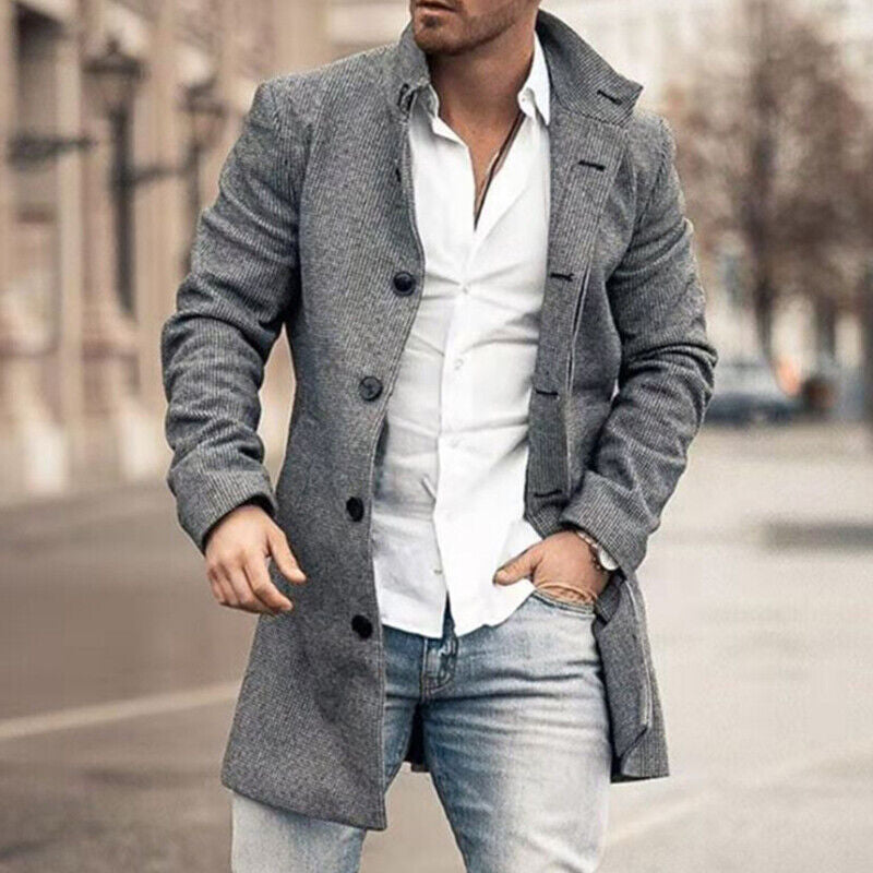 Men’s Long Sleeve Woolen Trench Coat – Warm Plaid Office Jacket for Winter Style