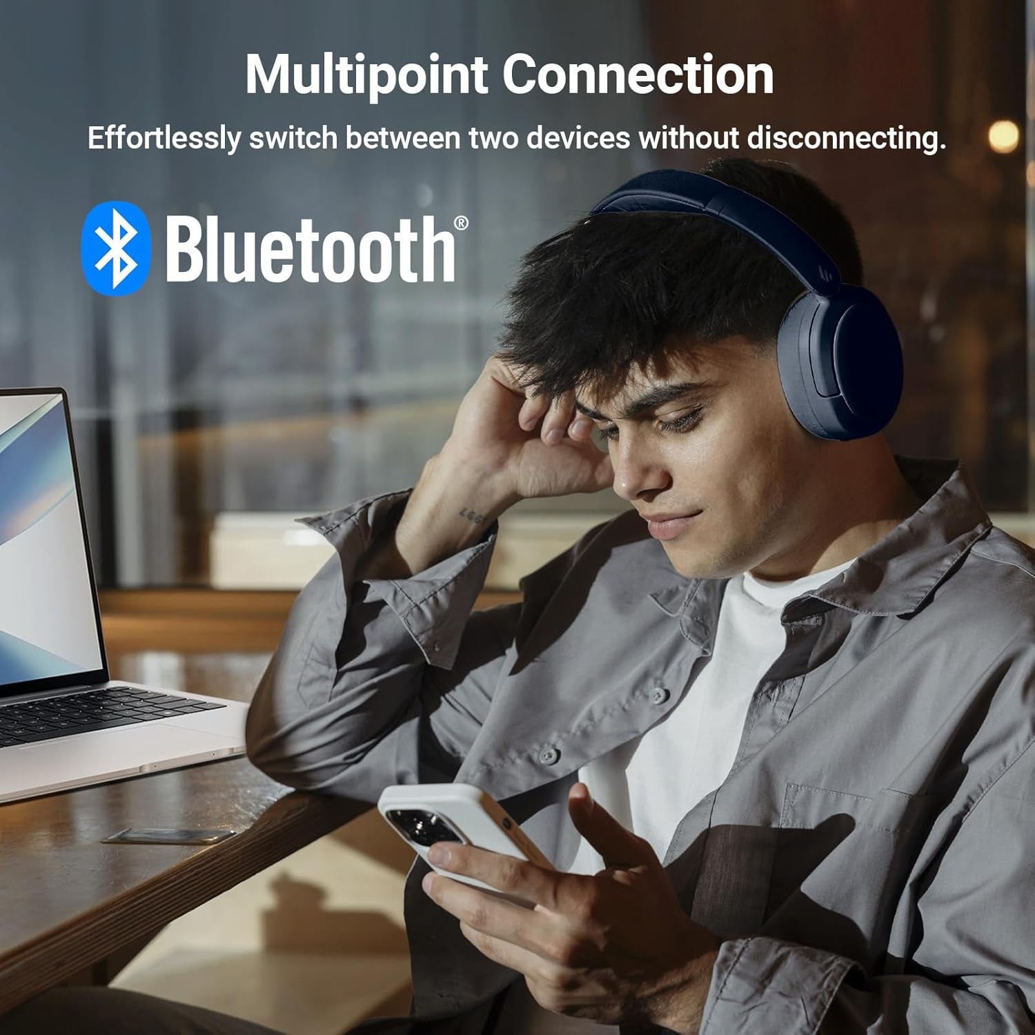 V80 Hybrid Active Noise Cancelling Headphones, True Wireless over Ear Bluetooth Headset with 45H Playtime Hi-Res Audio Fast Charging Multipoint Connection for Travel Home Office - Navy Blue