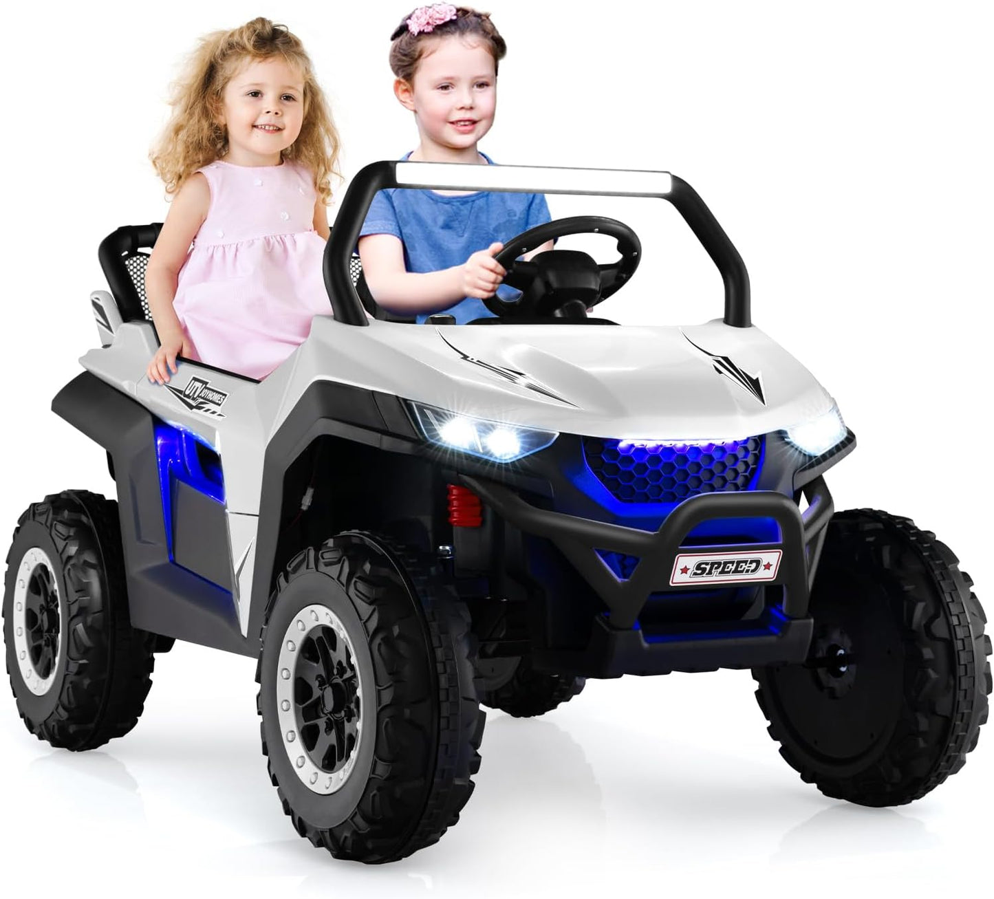 Kids Electric UTV, 2-Seater 12V Battery Powered Toy Car with Remote Control, Lights, Bluetooth, MP3, USB, FM, High/Low Speed & Suspension Spring, Children Ride on Car for 3-8 Years Old (Pink)