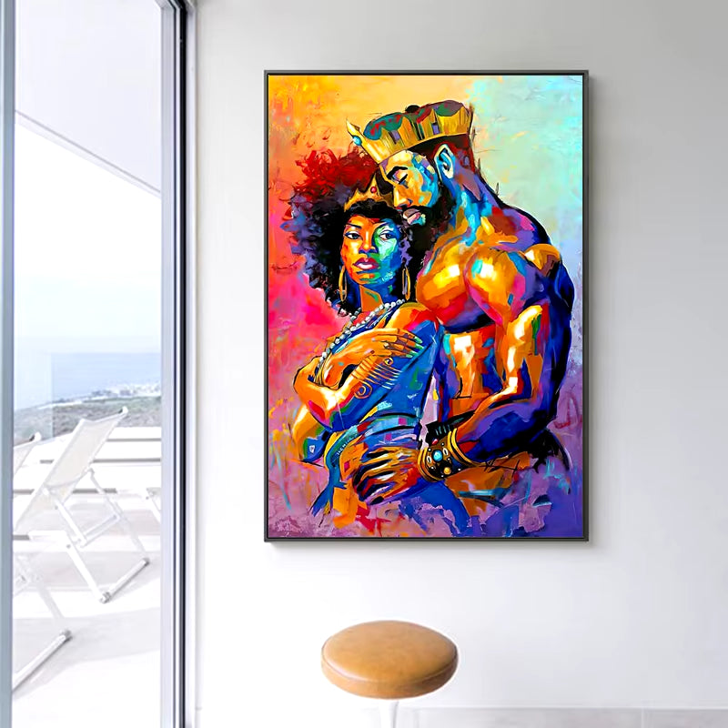 Colorful Graffiti Couple Oil Painting - African Art Canvas Prints, Abstract King & Queen Wall Poster with Frame for Home Decor