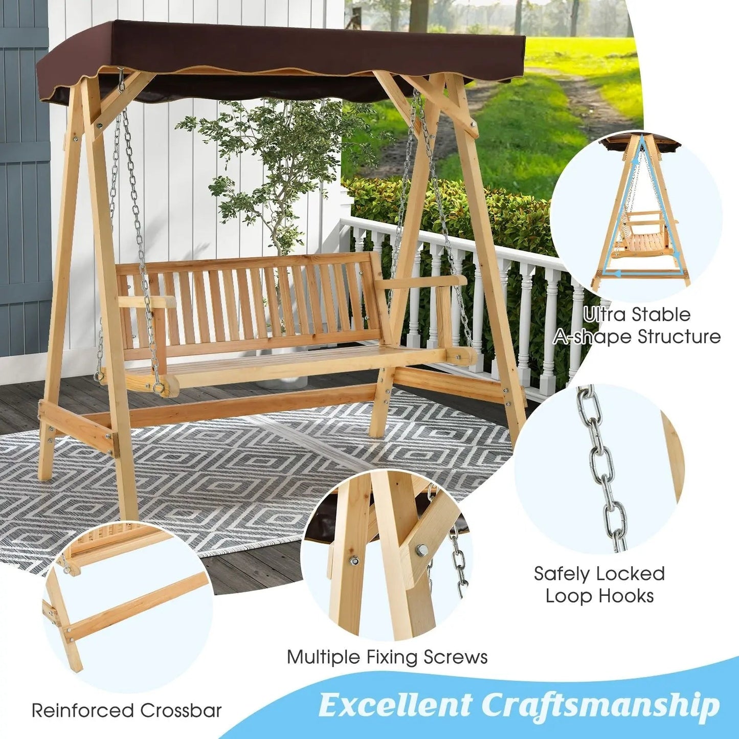 2 - Seater Wooden Garden Swing Chair with Adjustable Canopy and Metal Chain - DynamicDrop Hub