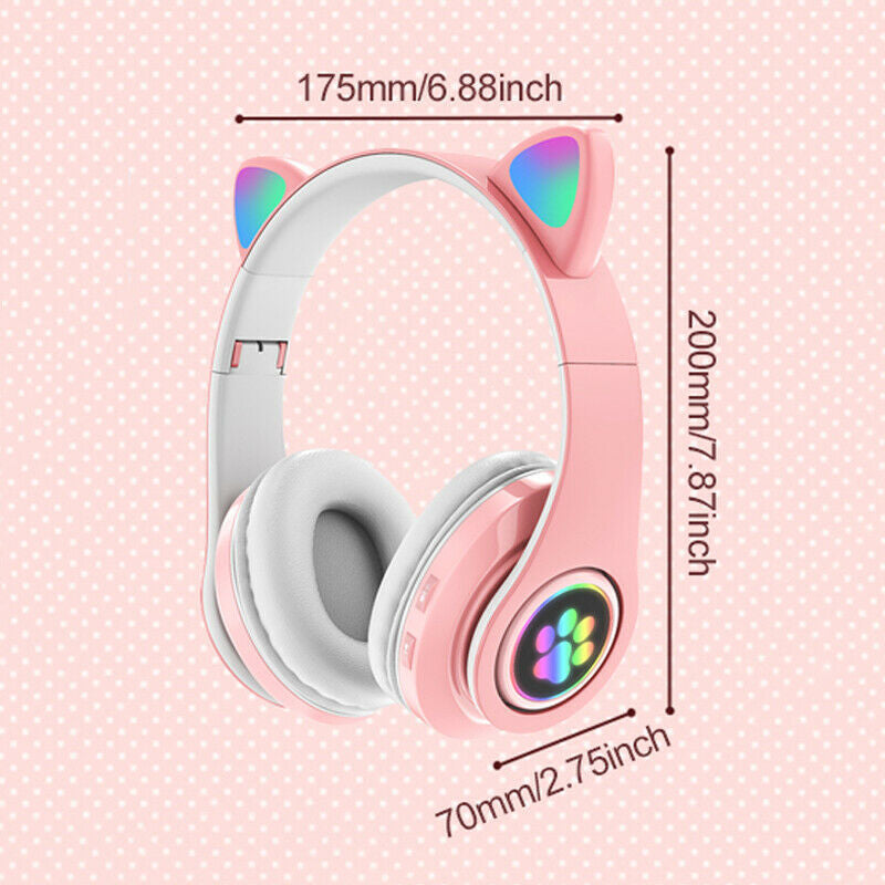 Wireless Cat Ear Headphones Bluetooth Headset Pink LED Lights Earphone for Kids