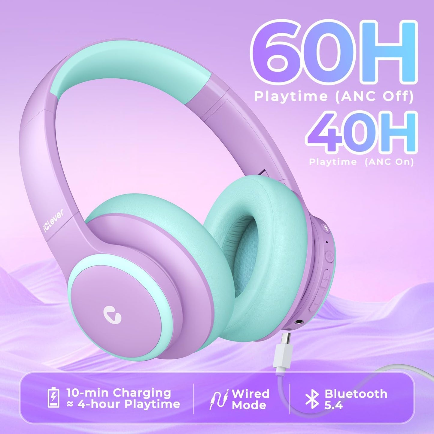 BTH26 Active Noise Cancelling Headphones for Kids, 60H Play Time, Type-C Fast Charging, 80Dba Safe Volume, Bluetooth5.4 Kids Headphones Wireless Aux Cord for Airplane Travel, Purple