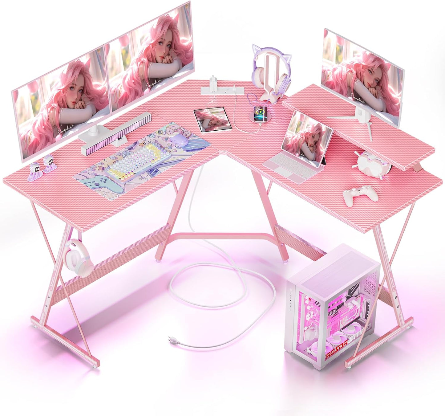 L Shaped Gaming Desk LED Power Strip - 128X128Cm Ergonomic Corner Gamer Computer Table, Extension Cord LED Strip Large PC Monitor Stand, Headphone Hook for Study Play Work Bedroom Living Room