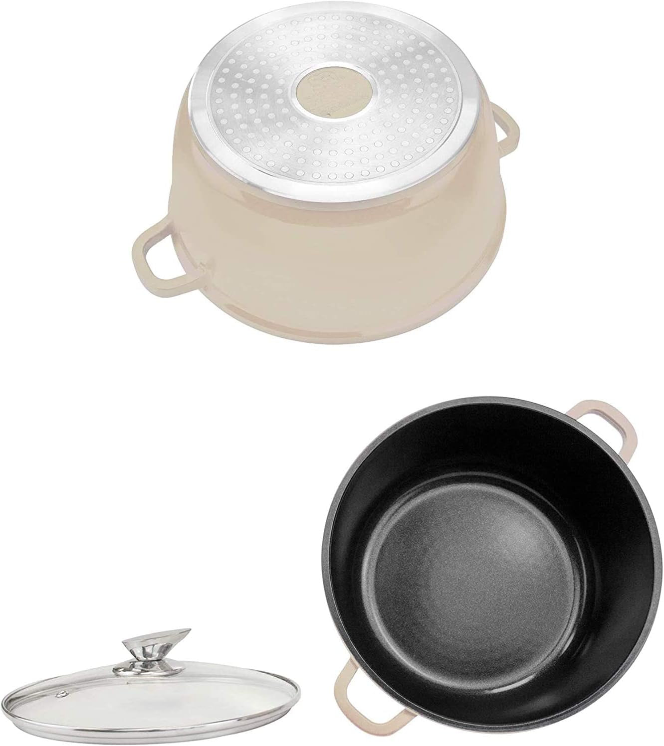 3-Layer Non-Stick Die-Cast Aluminium Stockpot with Tempered Glass Lid and Steam Vent – Induction Ready Casserole Pan, 20cm, Cream