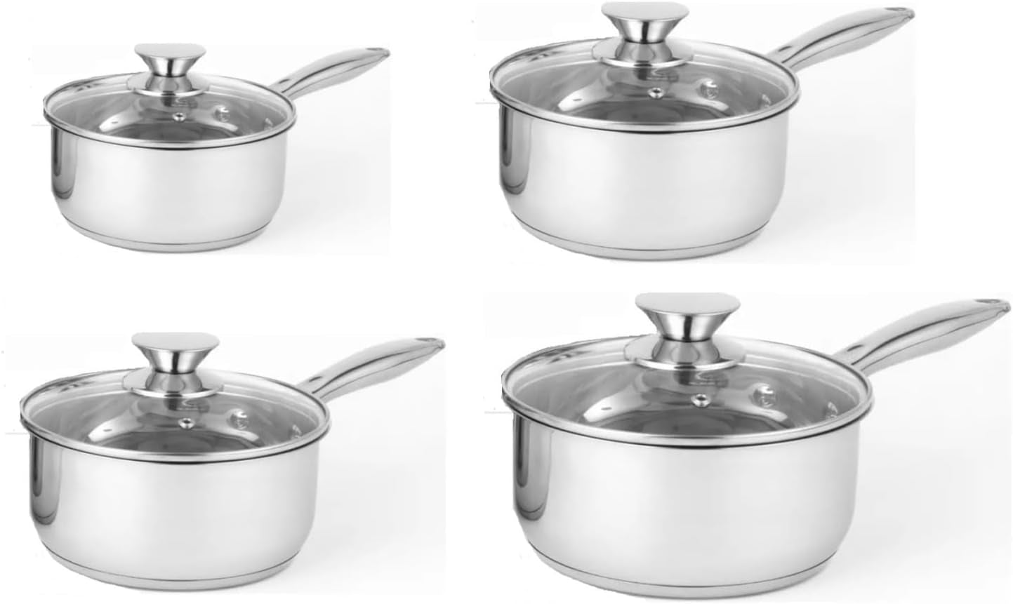 Stainless Steel Deep Two Tone Saucepan with Glass Vented Lid Heat Resistant Handles, Ideal for All Hobs. (Set of 3 16,18,& 20 Cm)