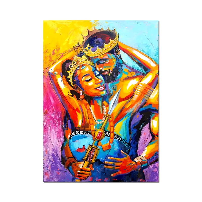 Colorful Graffiti Couple Oil Painting - African Art Canvas Prints, Abstract King & Queen Wall Poster with Frame for Home Decor