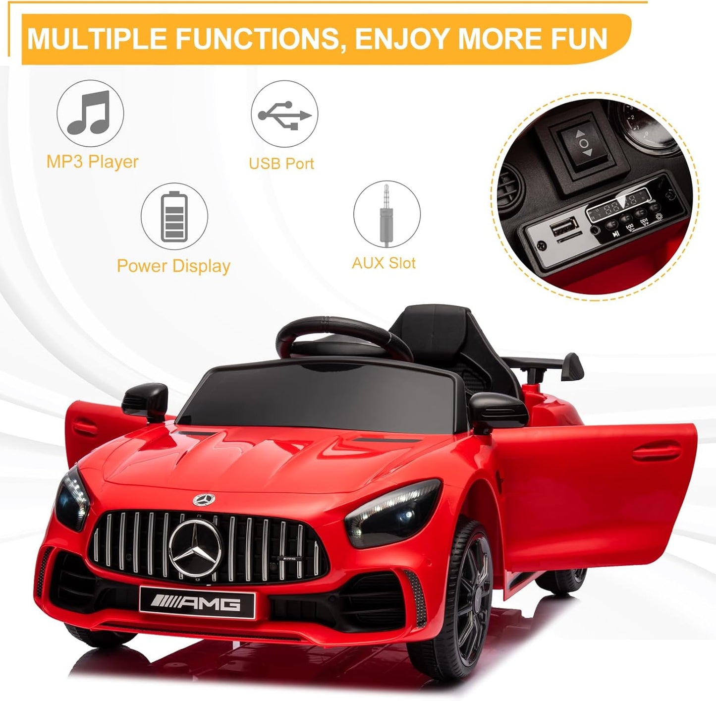 12V Ride on Car, Licensed Mercedes Benz AMG GTR with Parental Remote, 2 Motors Electric Car for Kids to Drive W/Wider Seat, LED Lights, Openable Doors, MP3, Smooth Start, 3 Speeds - Red