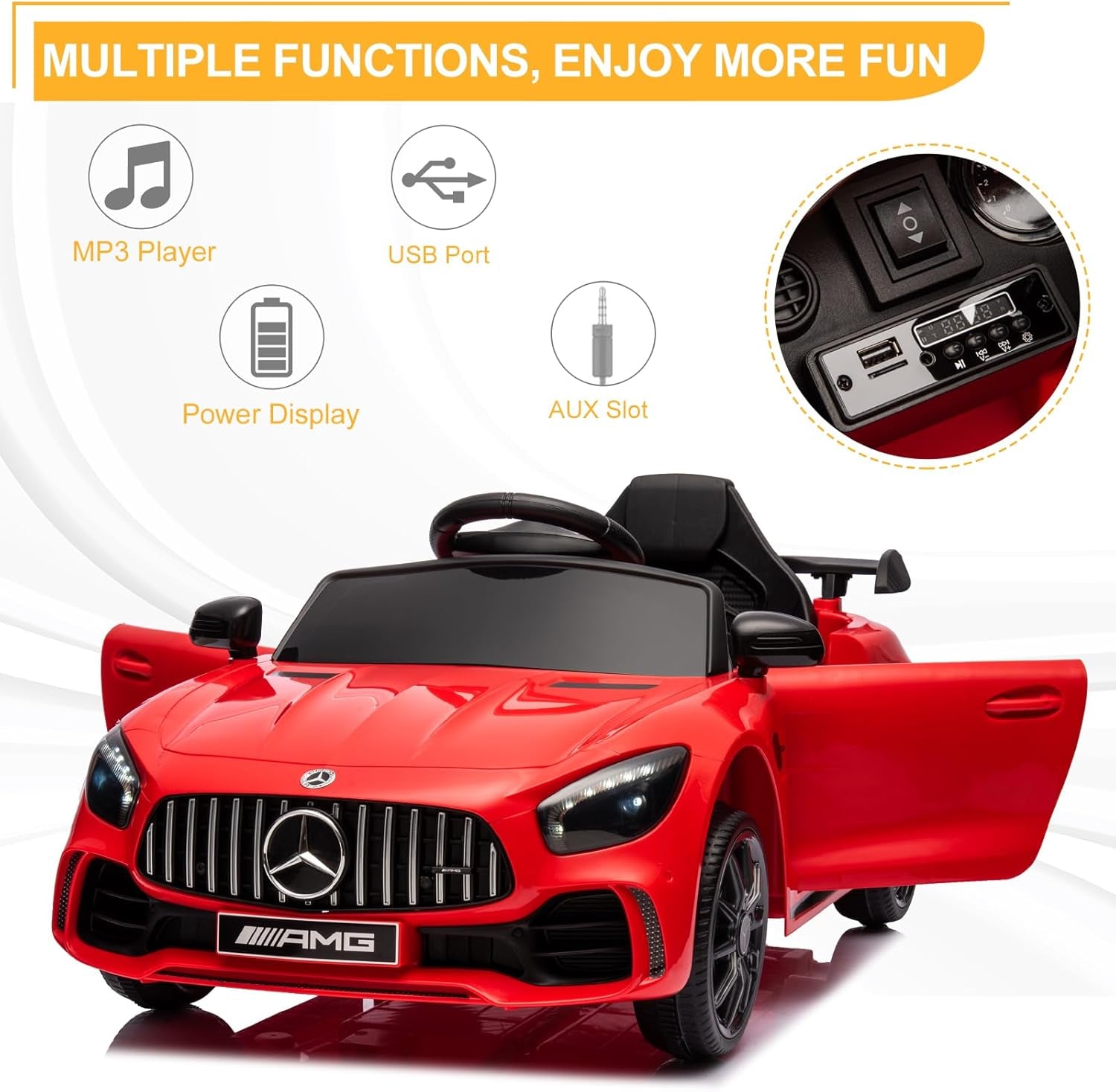 12V Ride on Car, Licensed Mercedes Benz AMG GTR with Parental Remote, 2 Motors Electric Car for Kids to Drive W/Wider Seat, LED Lights, Openable Doors, MP3, Smooth Start, 3 Speeds - Red