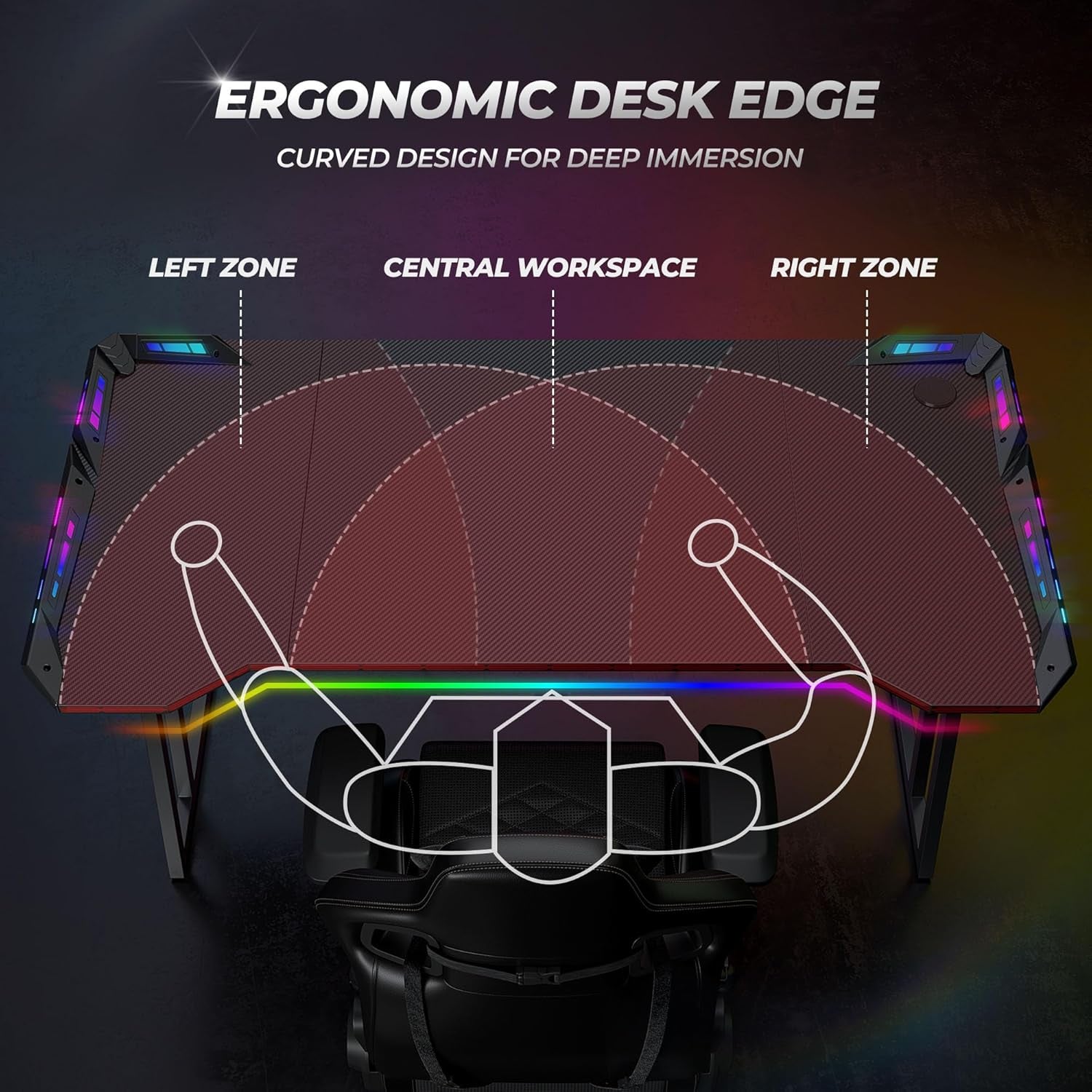 Gaming Desk with LED, 120 Cm Gamer Workstation, Home Computer with Carbon Fiber Surface, Black