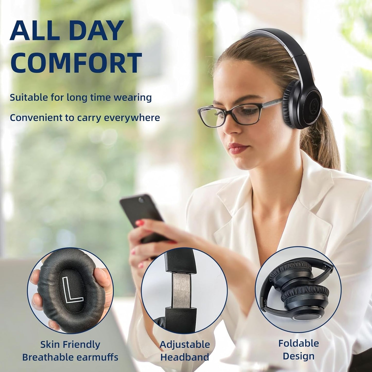 Noise Cancelling Headphones Wireless Bluethooth V5.3,Foldable over Ear Headphones with Dual 40MM Big Spearker Hifi Stereo Sound Deep Bass,60H Playtime Wireless Headset for PC Cellphone(Black)