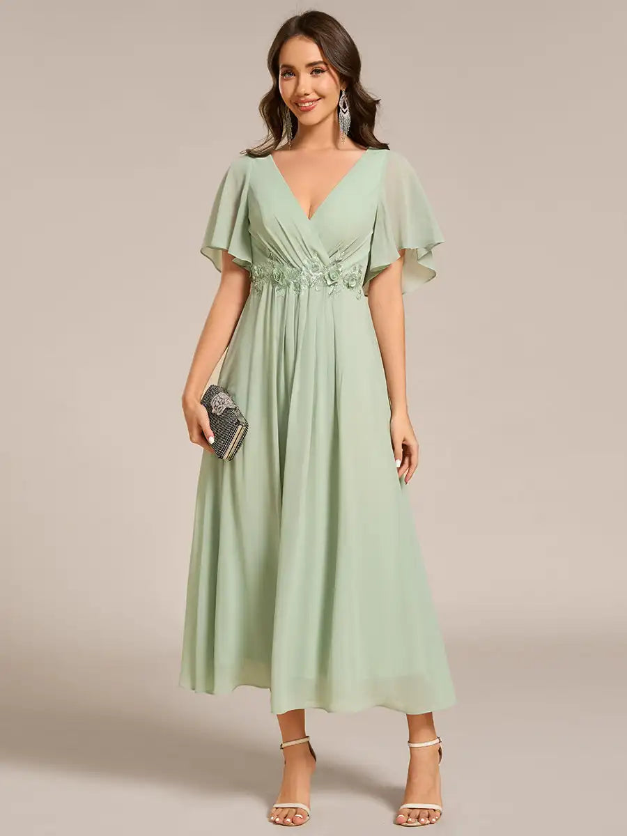Mint Green Formal Evening Dress – Deep V-Neck Applique Ruffle Tea-Length Gown with Short Sleeves (Wedding Guest Dress, Corporate Event, Office Dress-Up)