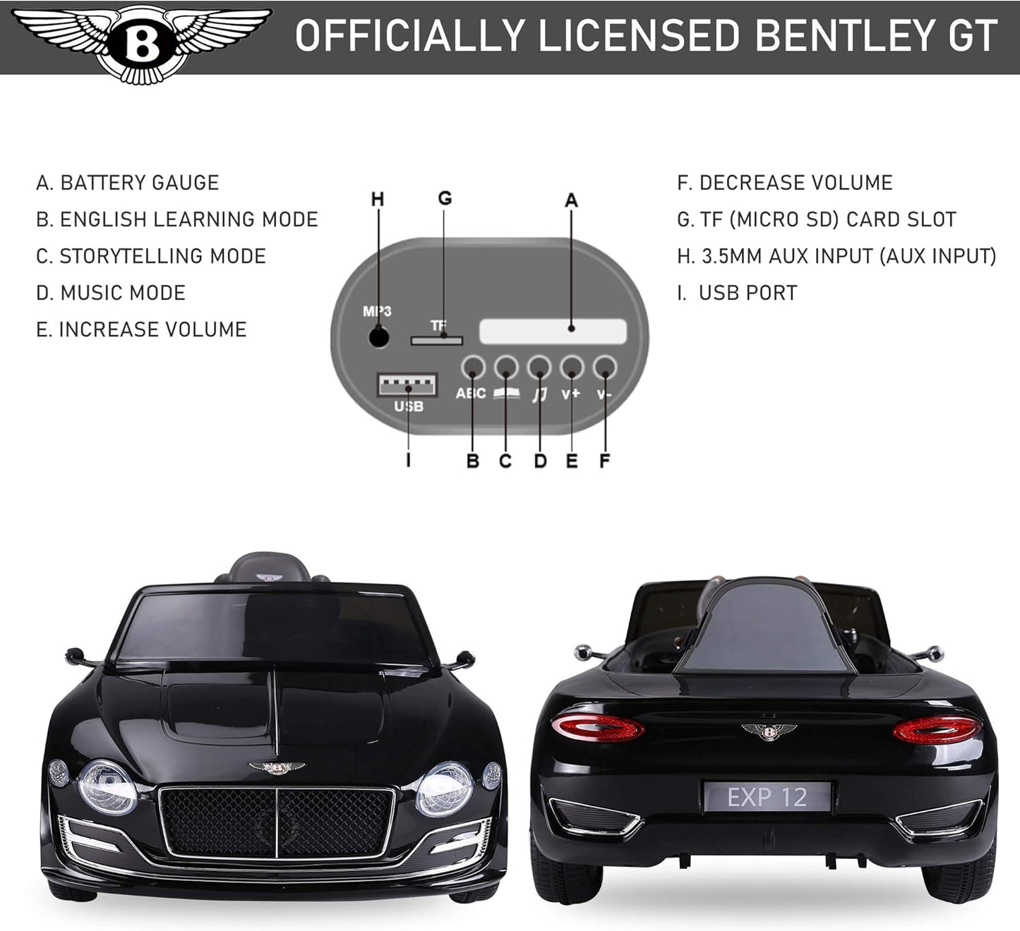 Bentley GT Licensed 12V Kids Electric Ride on Car with Remote Control Two Motors LED Light Music for 3-5 Years