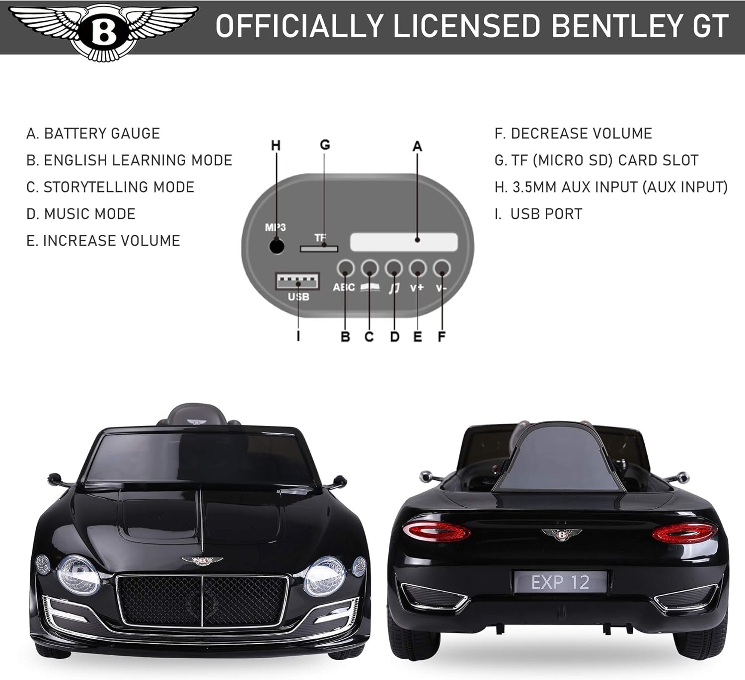 Bentley GT Licensed 12V Kids Electric Ride on Car with Remote Control Two Motors LED Light Music for 3-5 Years