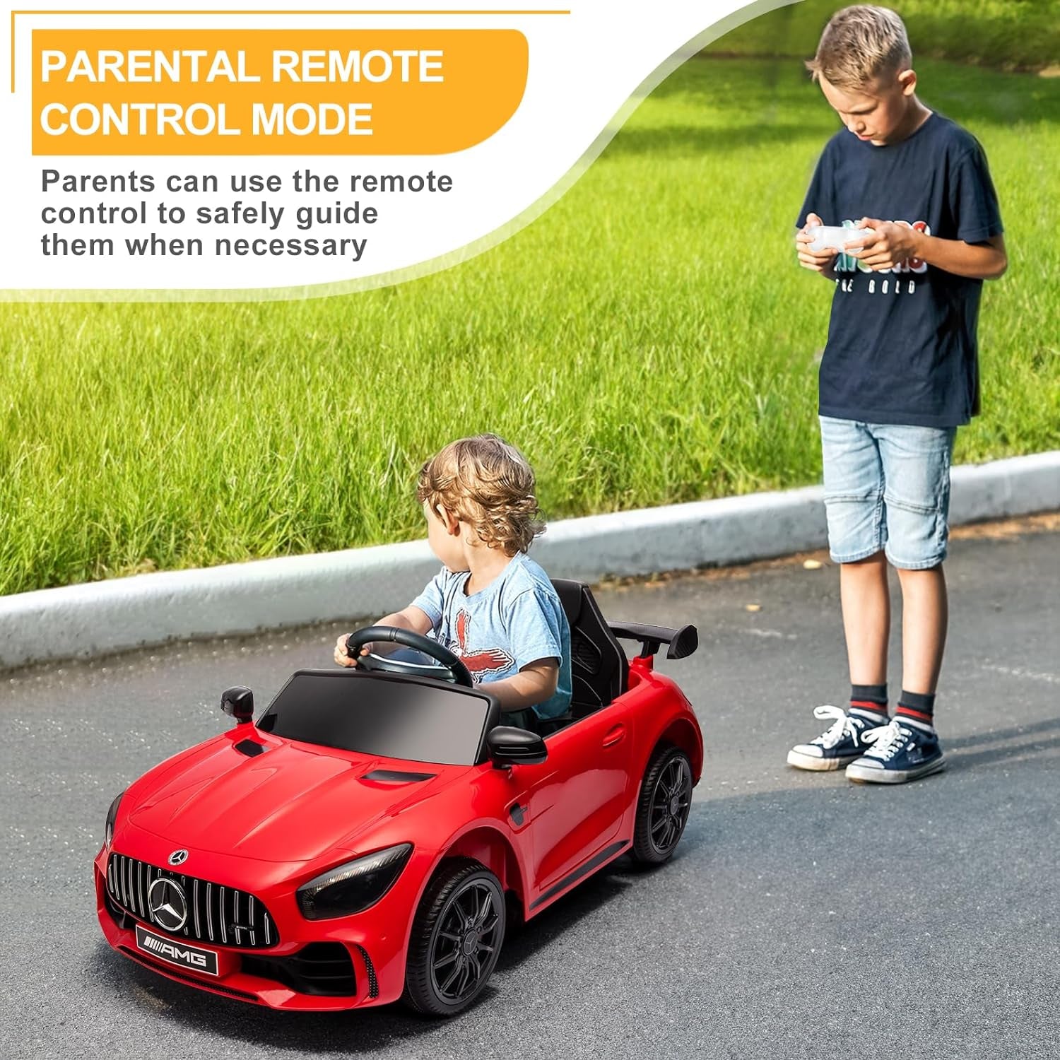 12V Ride on Car, Licensed Mercedes Benz AMG GTR with Parental Remote, 2 Motors Electric Car for Kids to Drive W/Wider Seat, LED Lights, Openable Doors, MP3, Smooth Start, 3 Speeds - Red