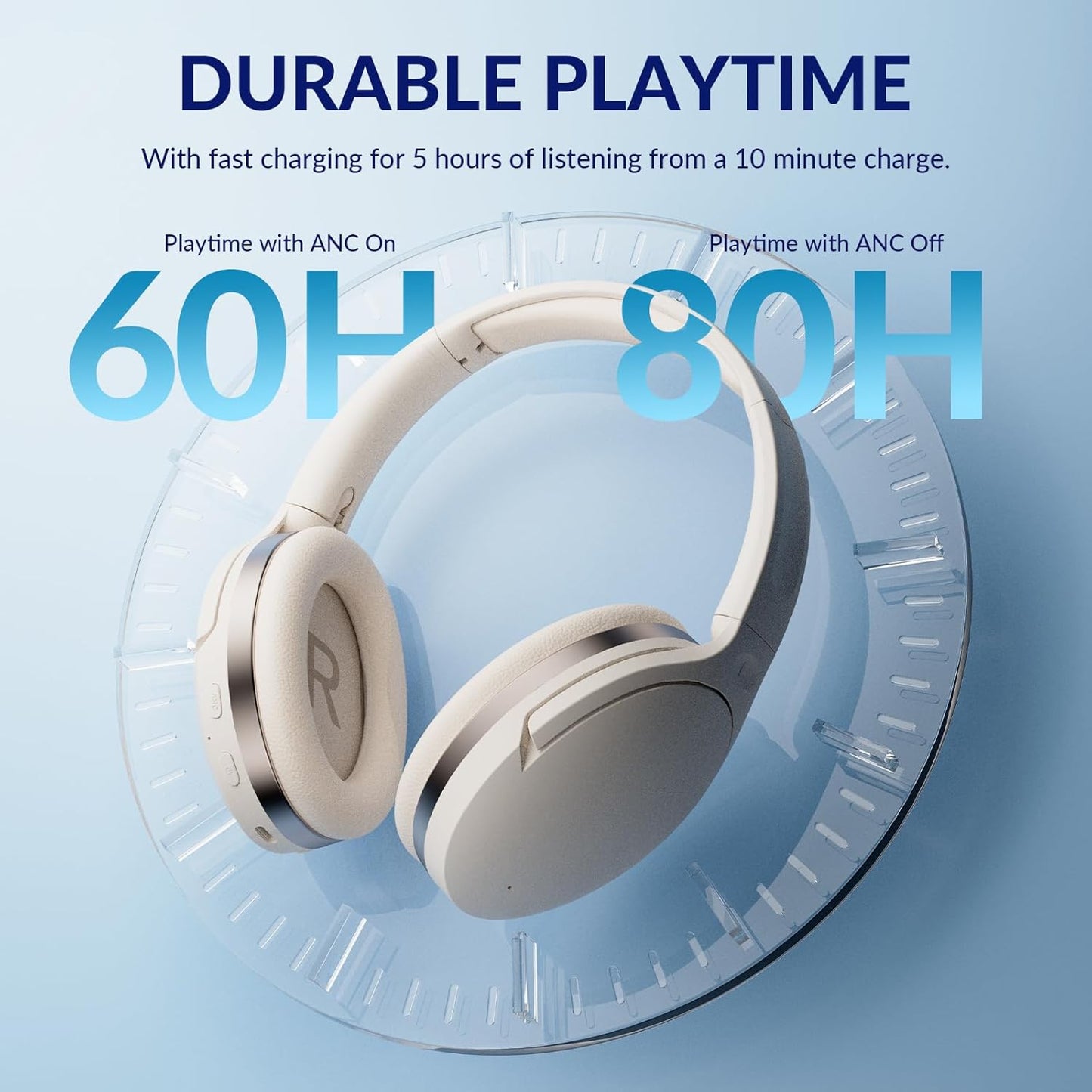 H3 Adaptive Noise Cancelling Headphones,Wireless Headphones over Ear,Foldable Wireless Headphones with 80 Hrs Playtime,For Gym,Travel,Home Office