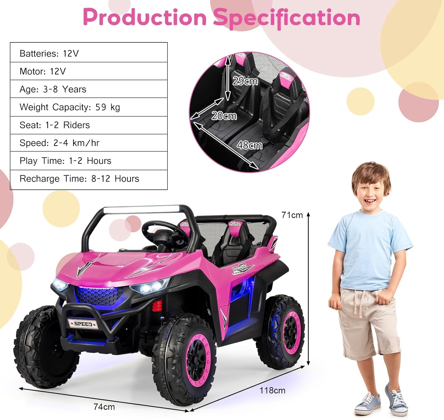 Kids Electric UTV, 2-Seater 12V Battery Powered Toy Car with Remote Control, Lights, Bluetooth, MP3, USB, FM, High/Low Speed & Suspension Spring, Children Ride on Car for 3-8 Years Old (Pink)