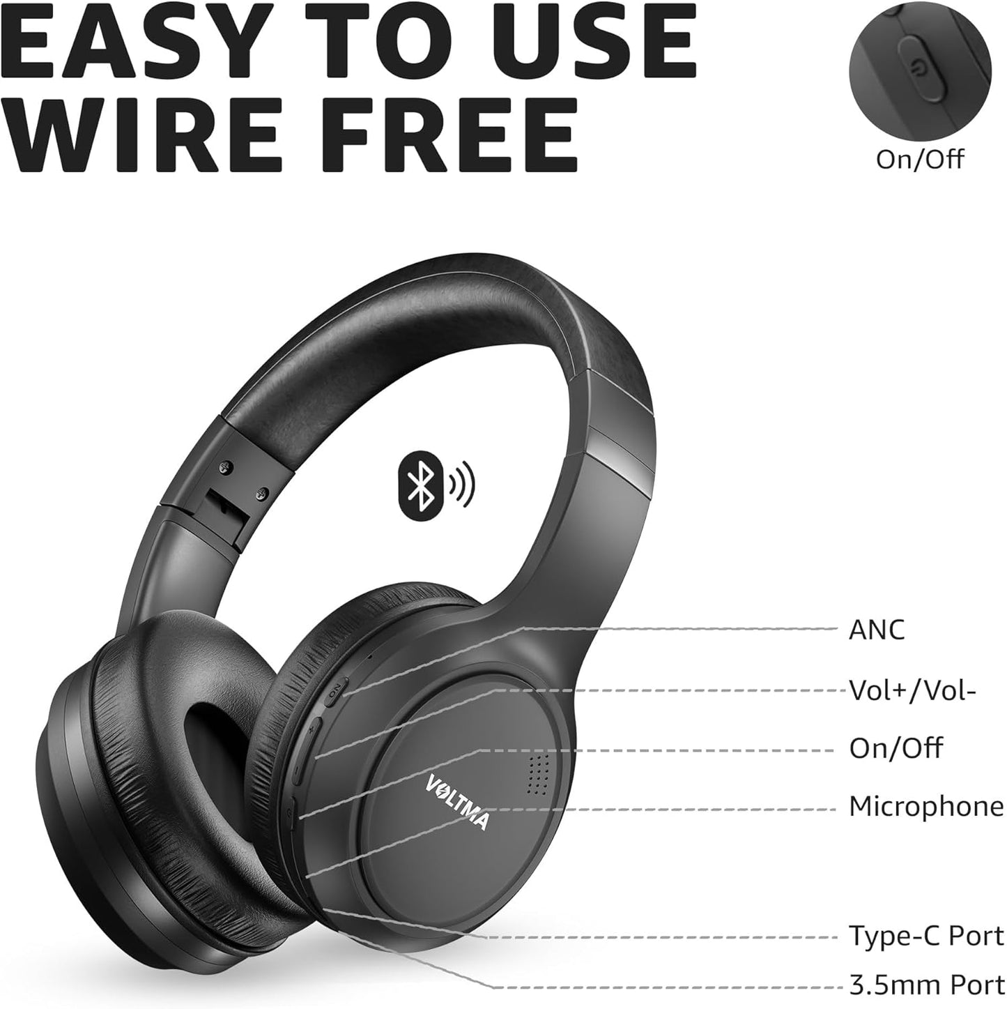 Hybrid Active Noise Cancelling Headphones, 80H Playtime over Ear Bluetooth Headphones with Microphone, IPX5 Waterproof, Fast Charge, Foldable Wireless Headphones with Deep Bass for Travel Work