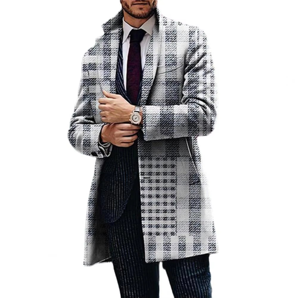 Formal Men's Geometric Pattern Plaid Lapel Trench Coat | Stylish Business Jacket for Fall & Winter