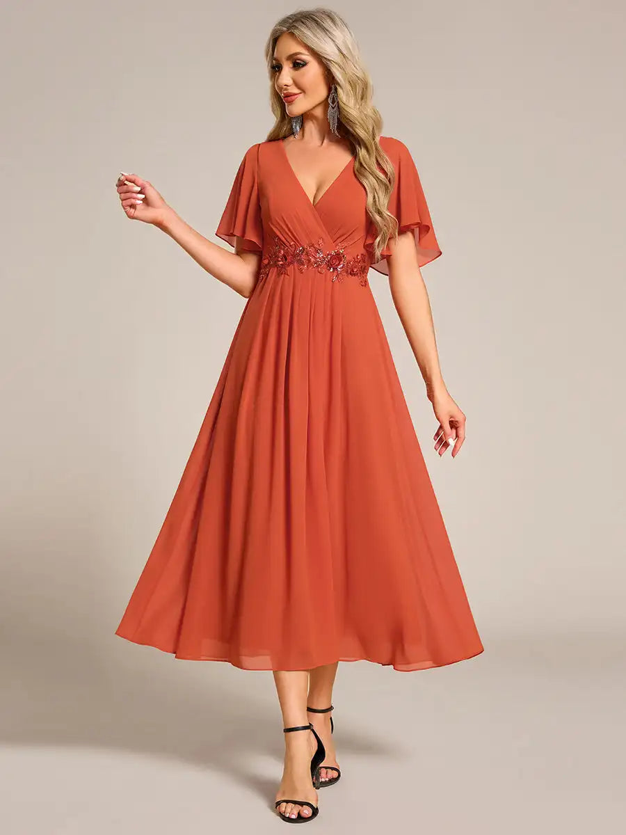 Mint Green Formal Evening Dress – Deep V-Neck Applique Ruffle Tea-Length Gown with Short Sleeves (Wedding Guest Dress, Corporate Event, Office Dress-Up)