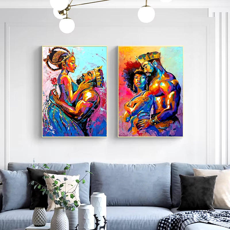 Colorful Graffiti Couple Oil Painting - African Art Canvas Prints, Abstract King & Queen Wall Poster with Frame for Home Decor