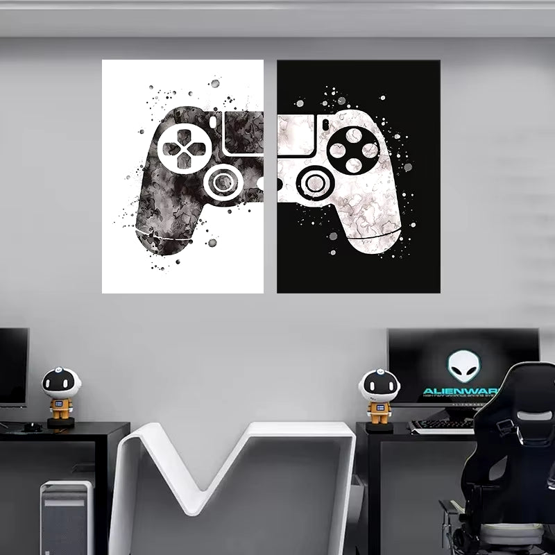Black and White Video Game Poster Nordic Gamer Enthusiast Framed Canvas Painting Boys Room Wall Art Home Decor