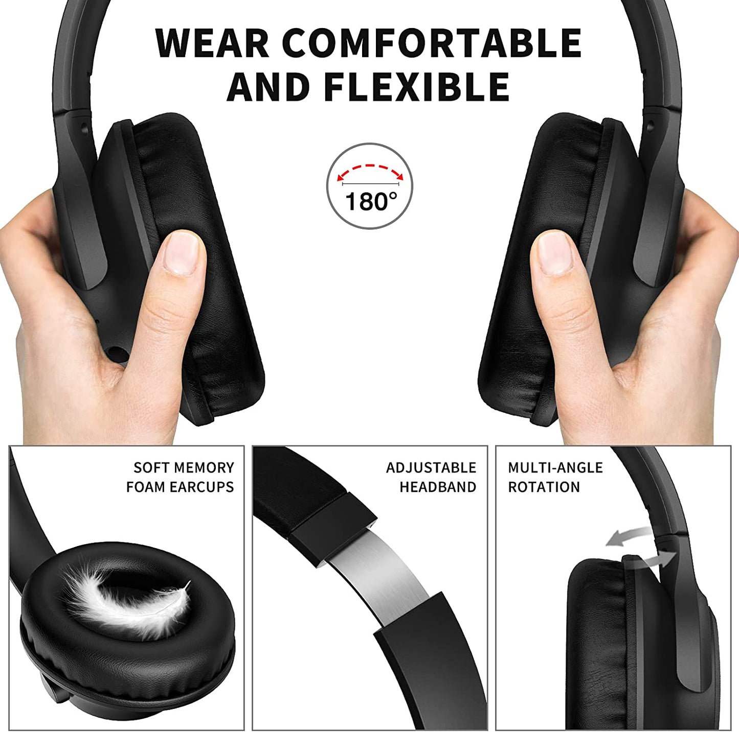 Bluetooth Headphones over Ear, 65 Hours Playtime Wireless Headphones with Microphone, Foldable Lightweight Headset with Deep Bass,Hifi Stereo Sound for Travel Work PC Cellphone (Black)