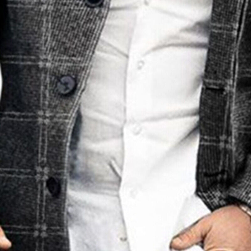 Men’s Long Sleeve Woolen Trench Coat – Warm Plaid Office Jacket for Winter Style