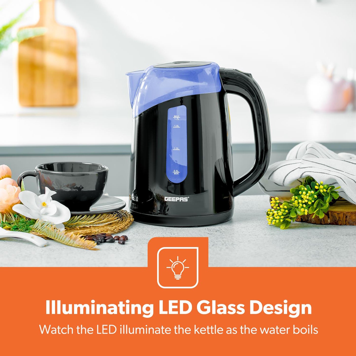 Geepas 650W 2-Slice Toaster & 2200W Illuminating Electric Kettle Combo Set - 1.7L Cordless Jug