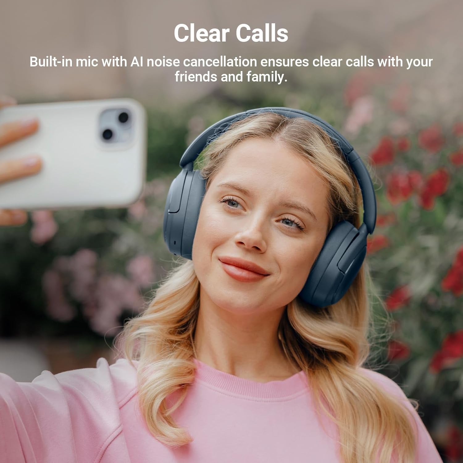 V80 Hybrid Active Noise Cancelling Headphones, True Wireless over Ear Bluetooth Headset with 45H Playtime Hi-Res Audio Fast Charging Multipoint Connection for Travel Home Office - Navy Blue